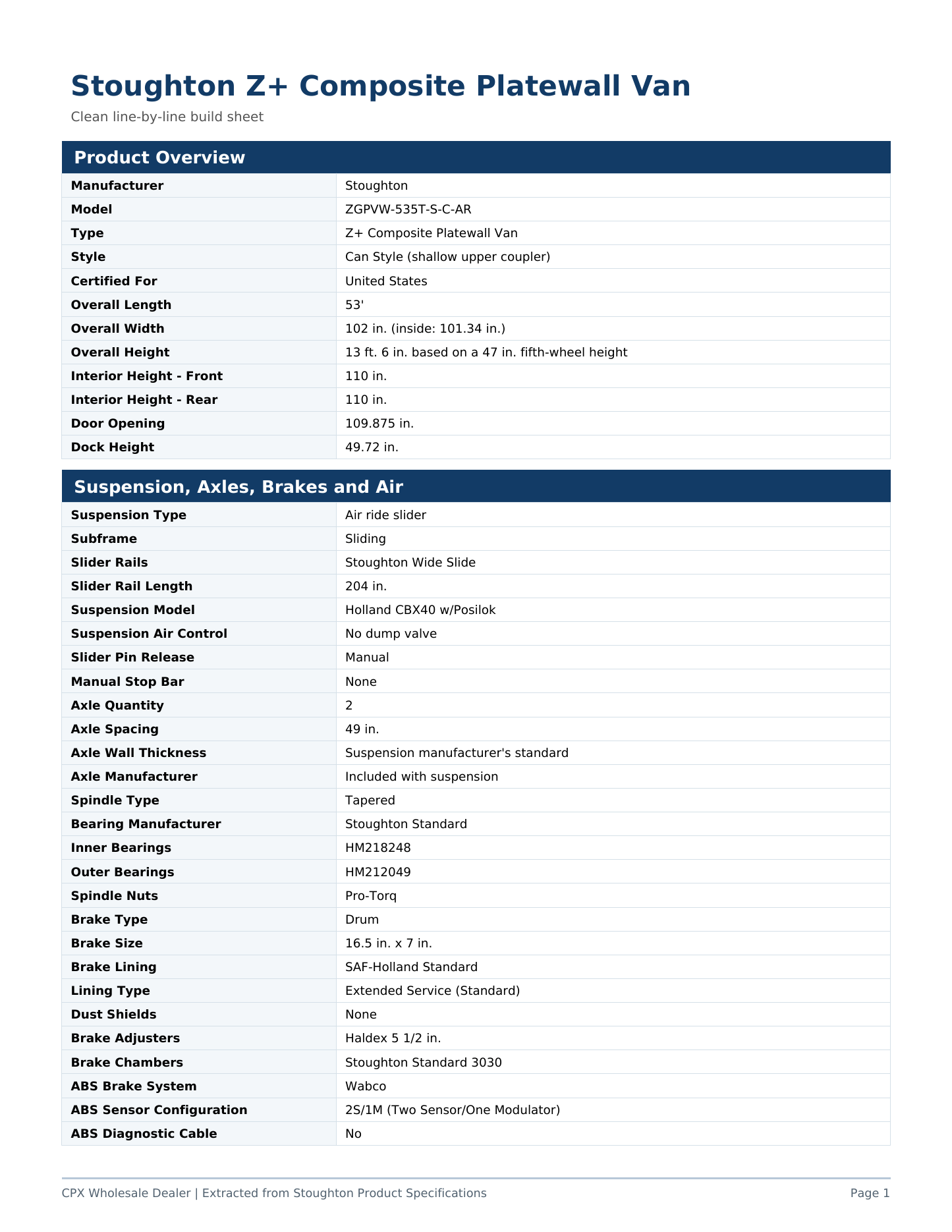 Stoughton product build sheet, page 1 of 5