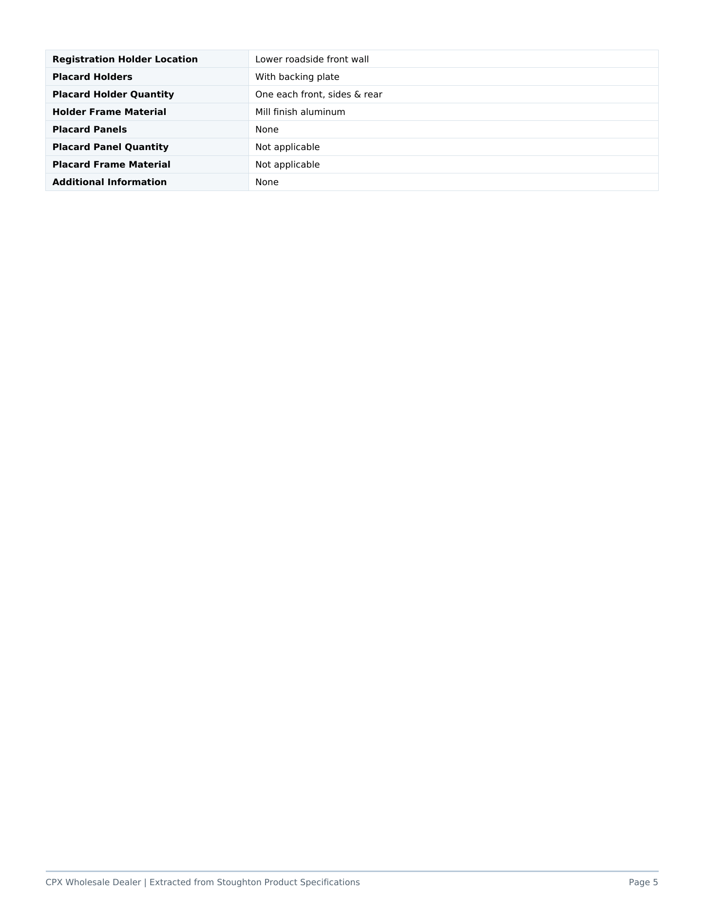 Stoughton product build sheet, page 5 of 5
